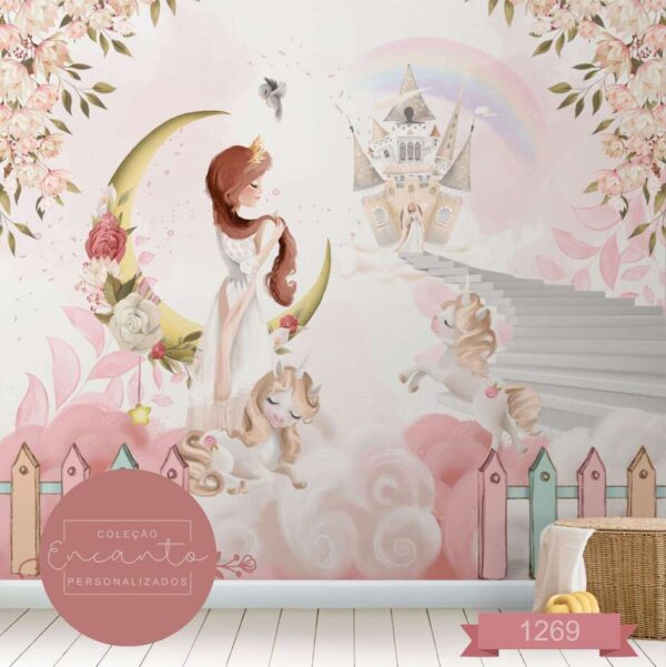 Painel de Parede Personalizado com Castelos para Quarto Infantil de Menina
