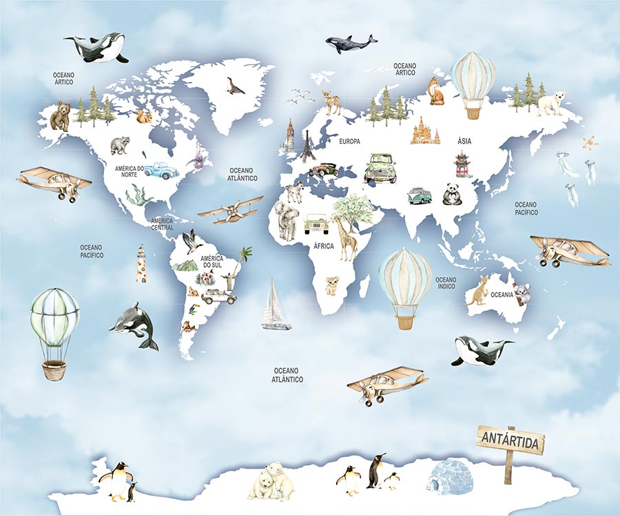 2050-projeto Painel de Parede Personalizado com Mapa Mundi para Quarto Infantil Criança/Bebê